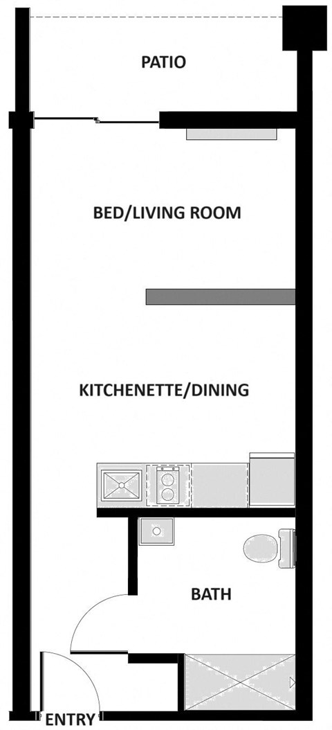 a floor plan of a room with a bathroom and a bed